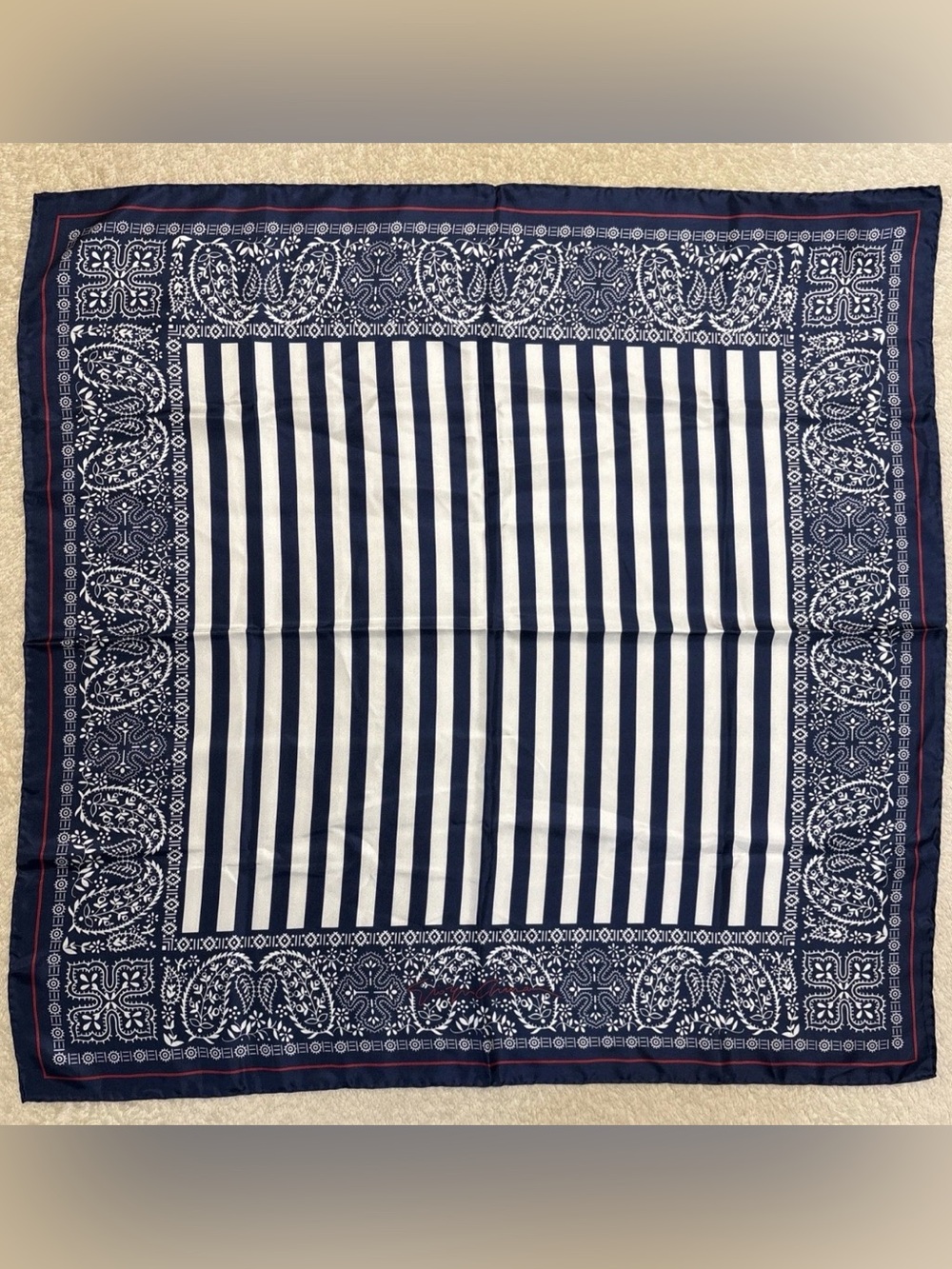 Giorgio Armani Silk Scarf Navy White Striped Hand Rolled Made in Italy